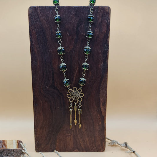 ArcherLass1 Bronze Colored and Emerald Faceted Glass 16" Necklace a/ Arrow Drop