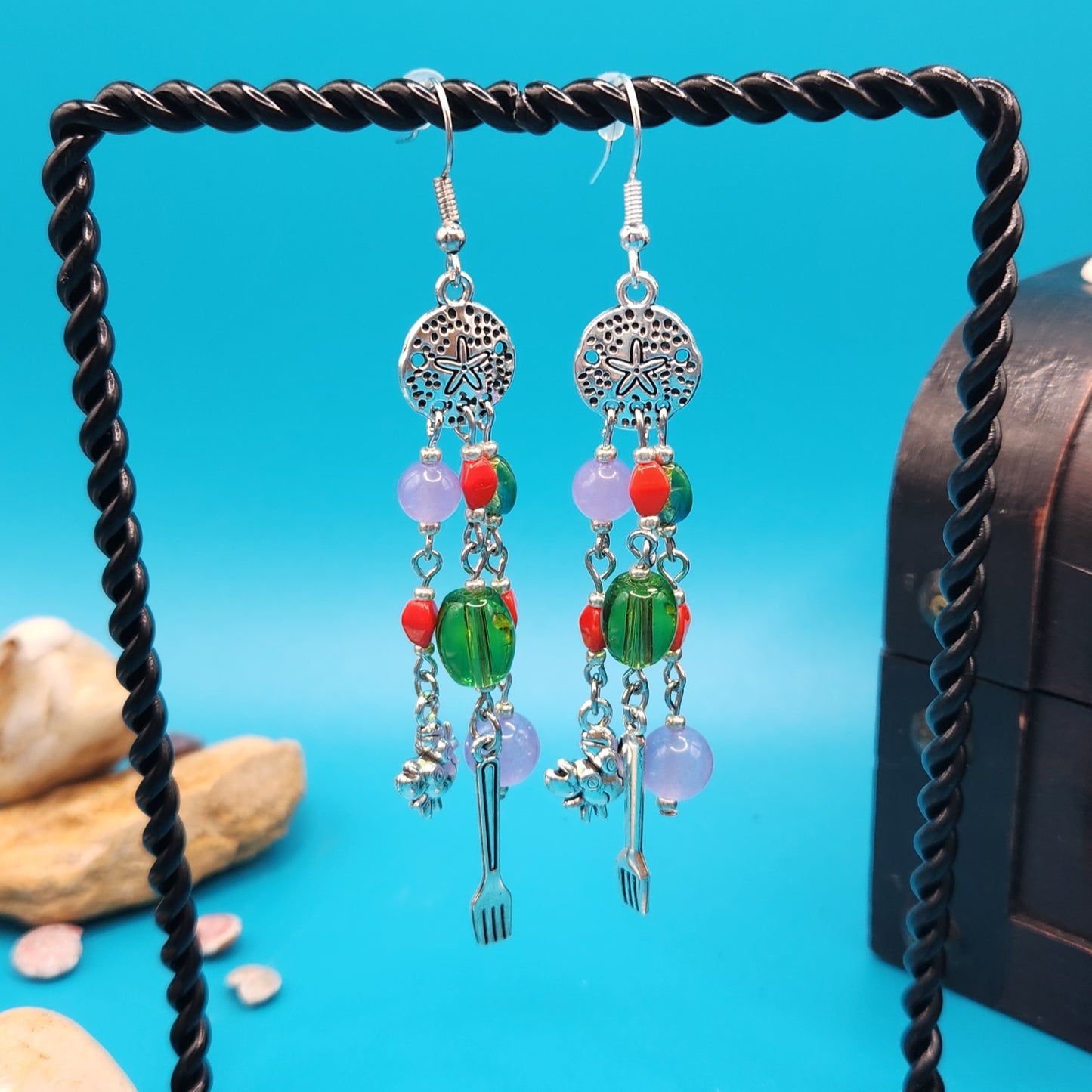 Mermaid 1 Silver Colored w/ Fork & Crab Charms and Beads 3" x .75" Drop Earrings