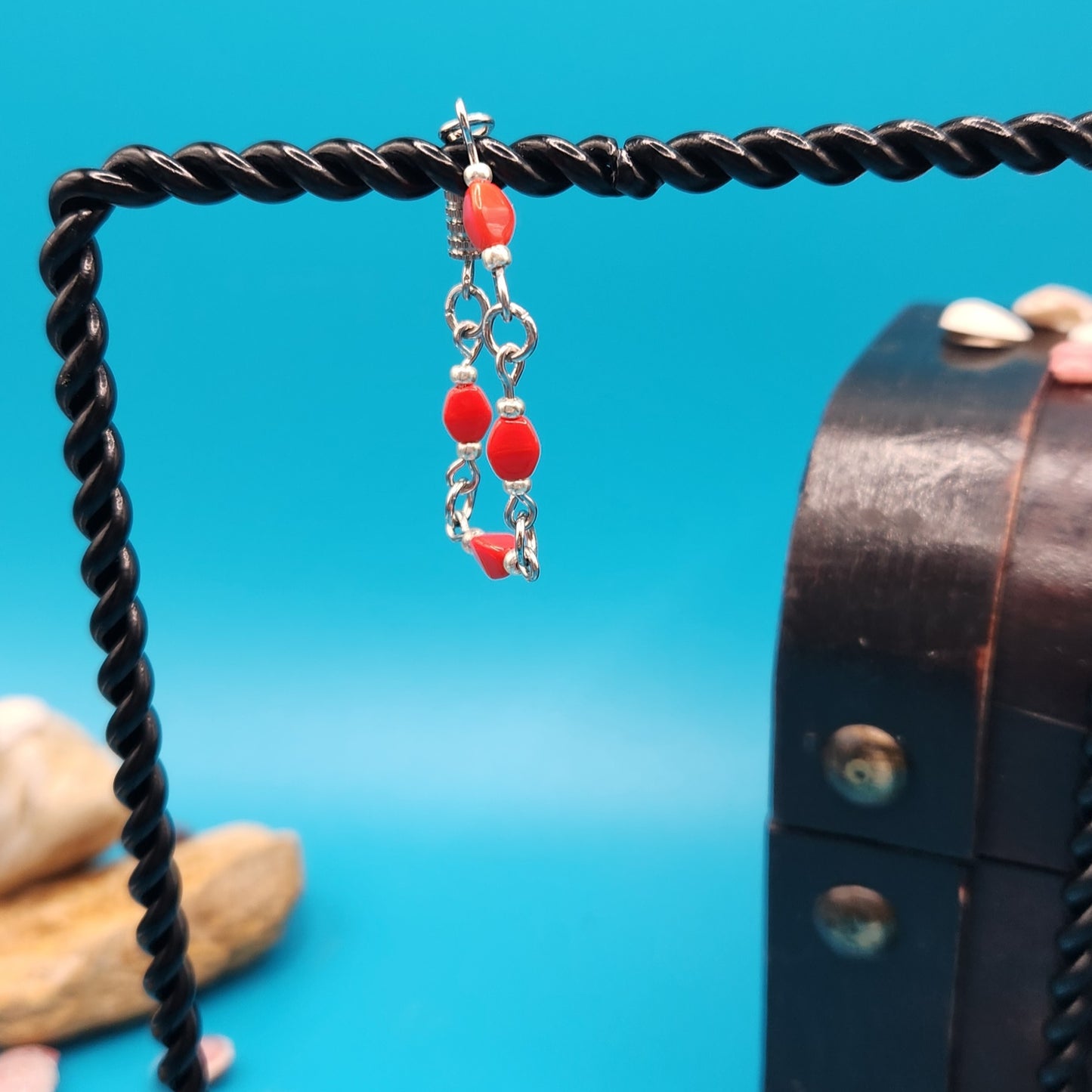 Mermaid1 Silver Colored Metal and Red Orange Beads 2" Necklace Extender