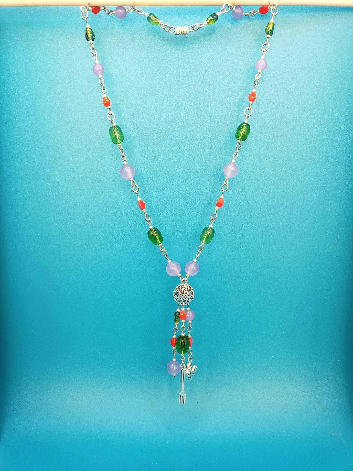Mermaid 1 Silver Colored w/ Fork,Crab Charms & Lavndr, Green,,Red Orange Beads 16" Ncklc