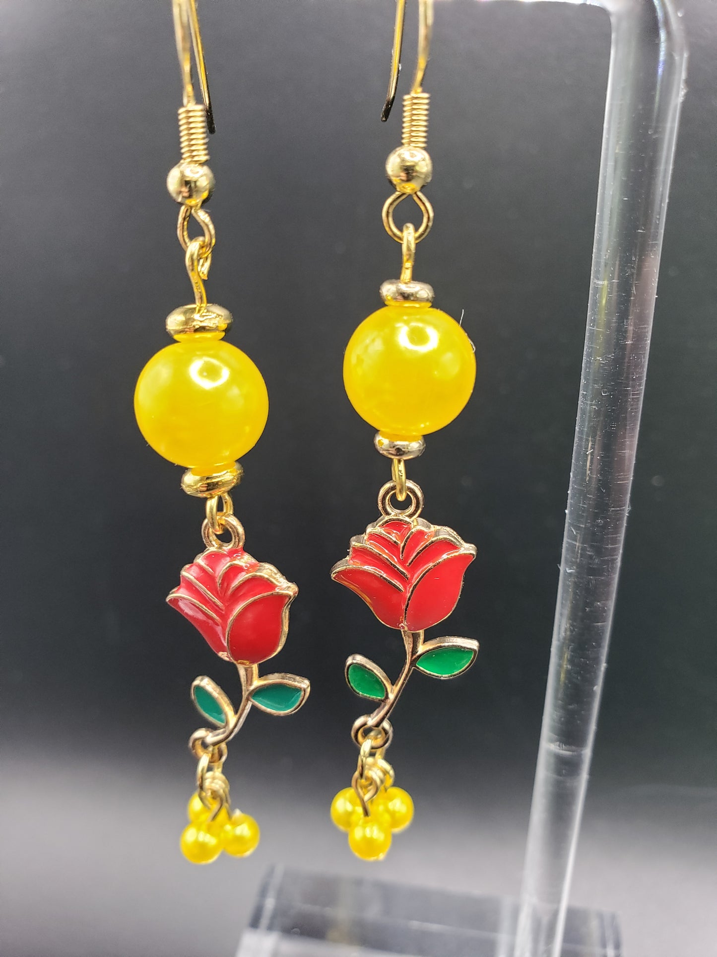 BellaRose1 Lemon Yellow "Pearl" 10 mm Beads w/ Enamel Red Rose Charm 2" Earrings