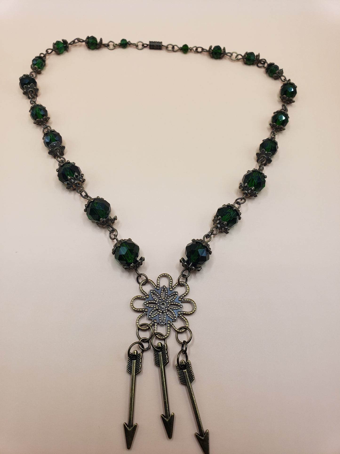ArcherLass1 Bronze Colored and Emerald Faceted Glass 16" Necklace a/ Arrow Drop