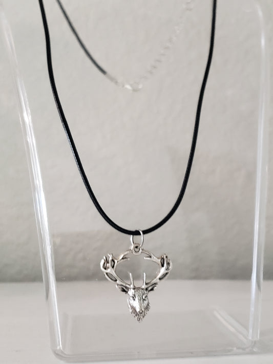 Elk 1 Head and Horn Rack Charm on black Cord