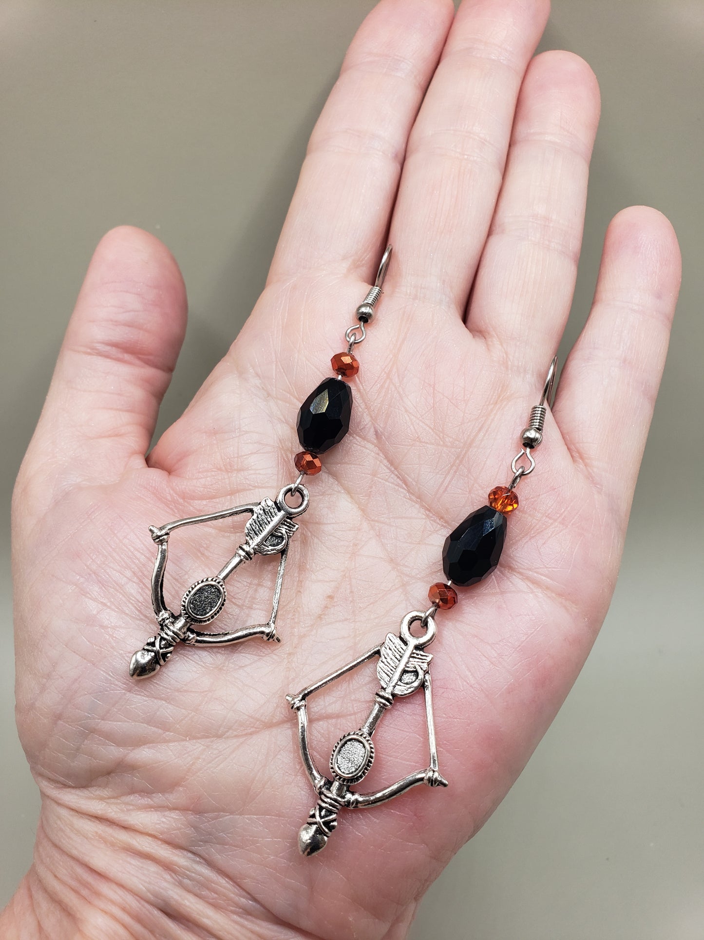 GirlOnFire1 Faceted Black and AB Fire Beads w/ Bow & Arrow Drop Charm Earrings 2.5" x 1"