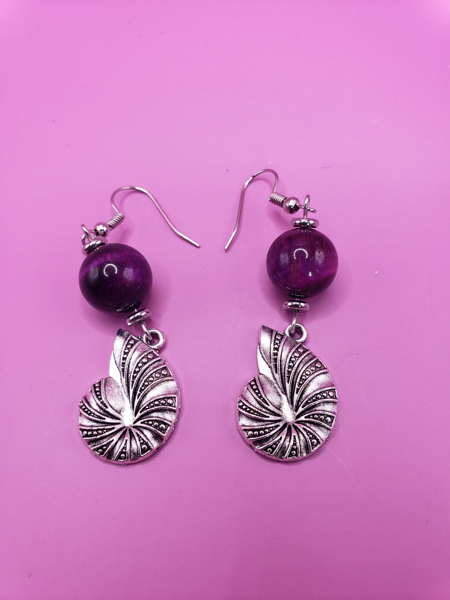 Ursula 2 Purple and Black Tiger's Eye w/ Nautilus Shell Charm 1.75" Drop Earrings