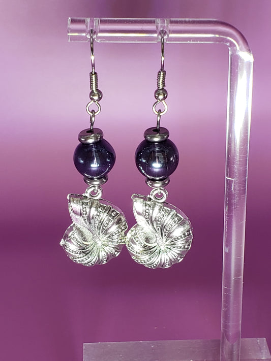 SeaWitch1 Smoky Purple w/ Ammonite Shell Charm 2" Drop Earrings