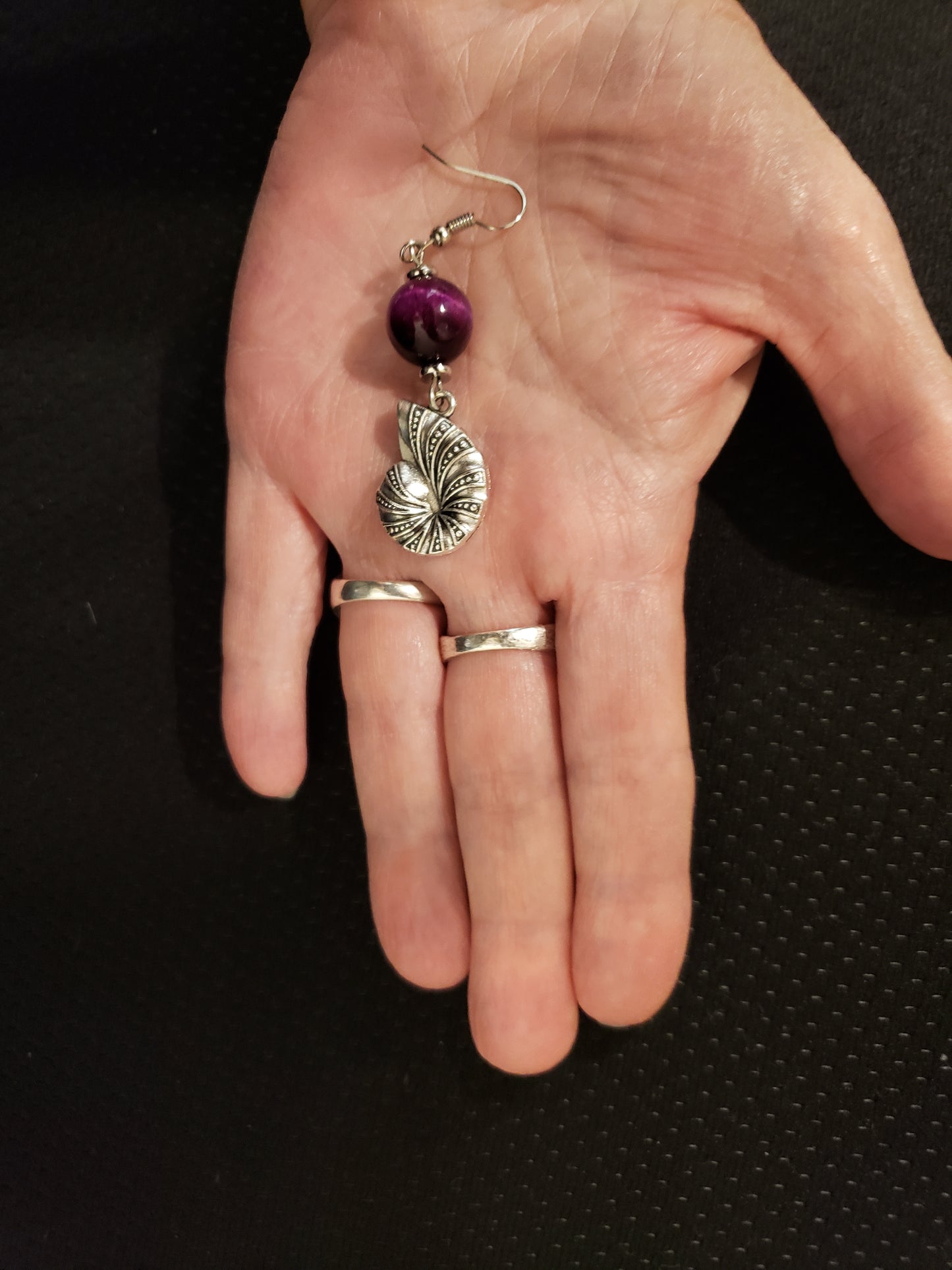 Ursula 2 Purple and Black Tiger's Eye w/ Nautilus Shell Charm 1.75" Drop Earrings