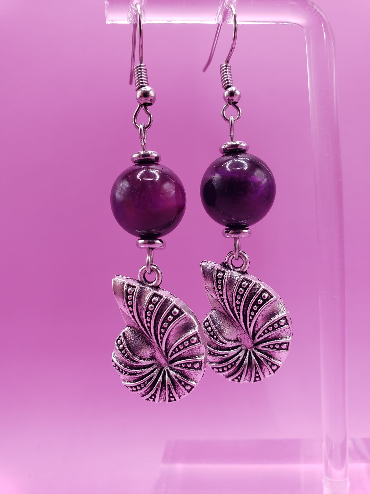 Ursula 2 Purple and Black Tiger's Eye w/ Nautilus Shell Charm 1.75" Drop Earrings