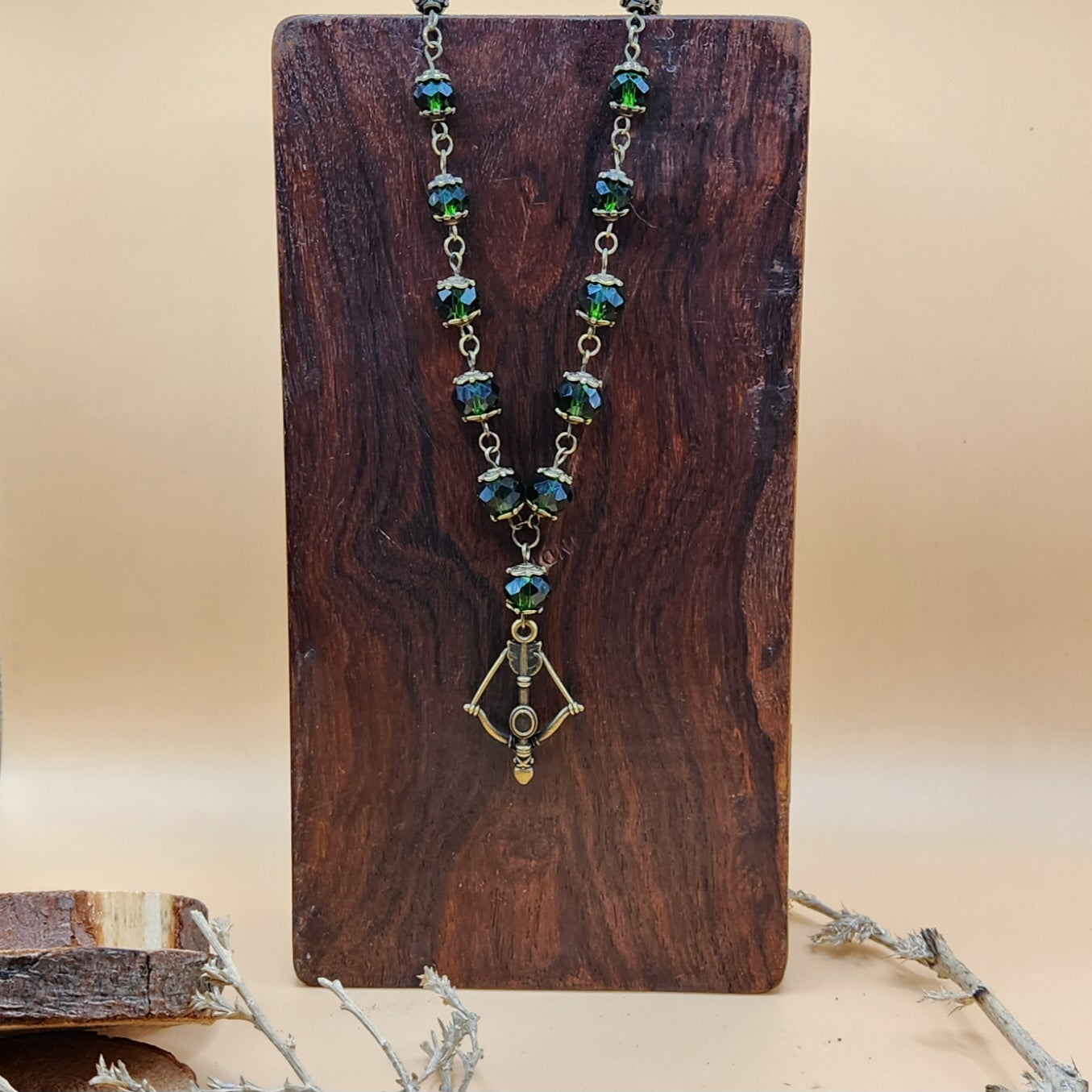 Bold Archeress 2  Bronze Colored and Emerald Faceted Glass 16" Bow & Arrow Necklace