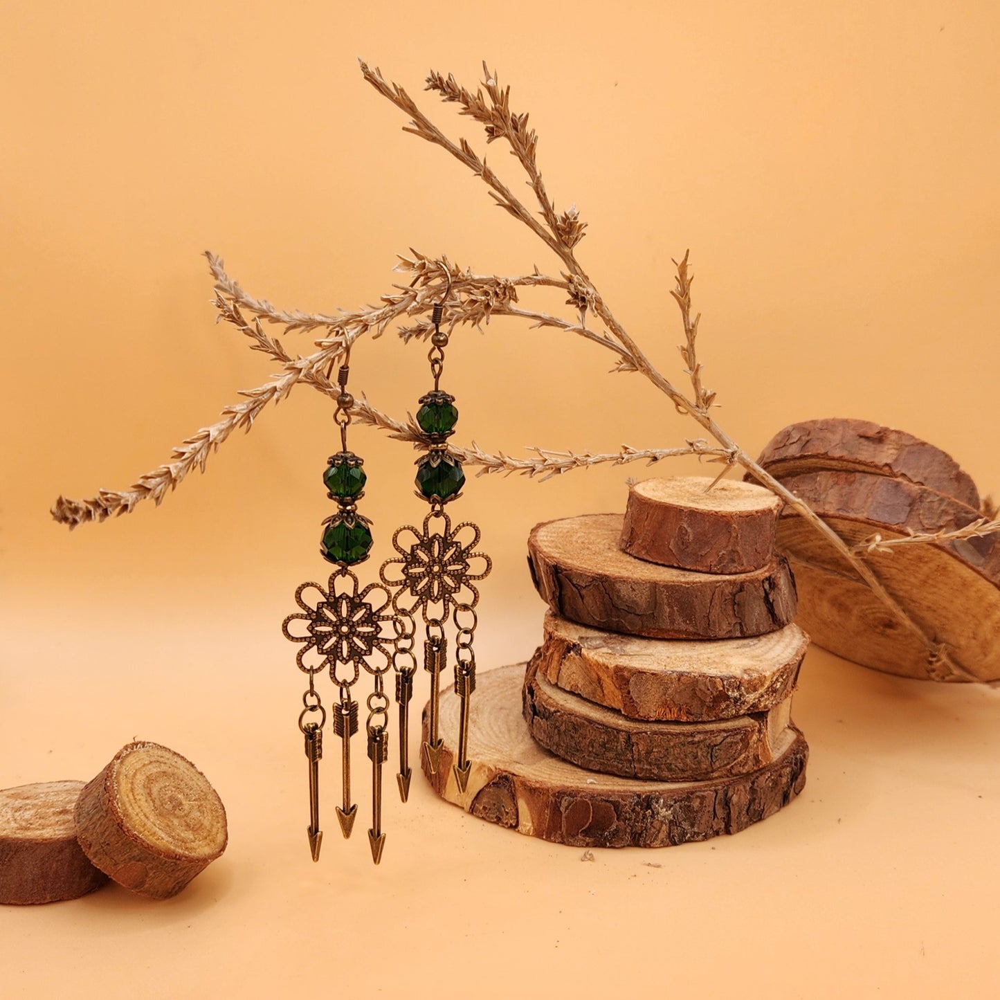 ArcherLass1 Bronze Colored and Emerald Faceted Glass 4" x 1" Arrow Drop Earrings