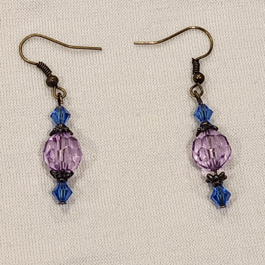 Faceted Round Amethyst Crystal and Light Sapphire Bicone Crystal Drop Earring