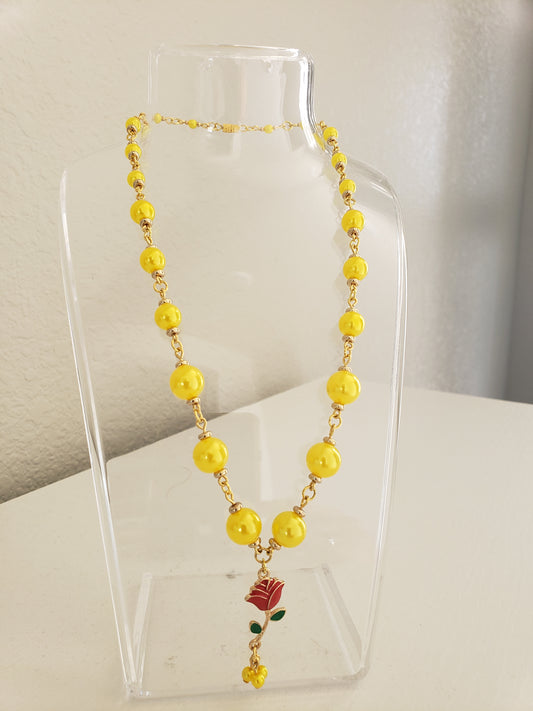 Belle 2 Lemon Yellow "Pearl" Beads w/ Enamel Red Rose Charm 16" Necklace
