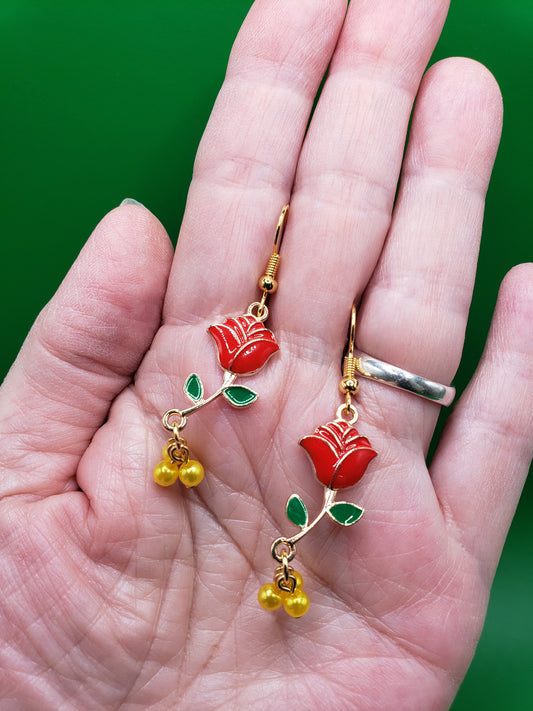 Belle 2 Enamel Red Rose Charm with Lemon Yellow "Pearl" Dangling Beads 1.25" Earrings