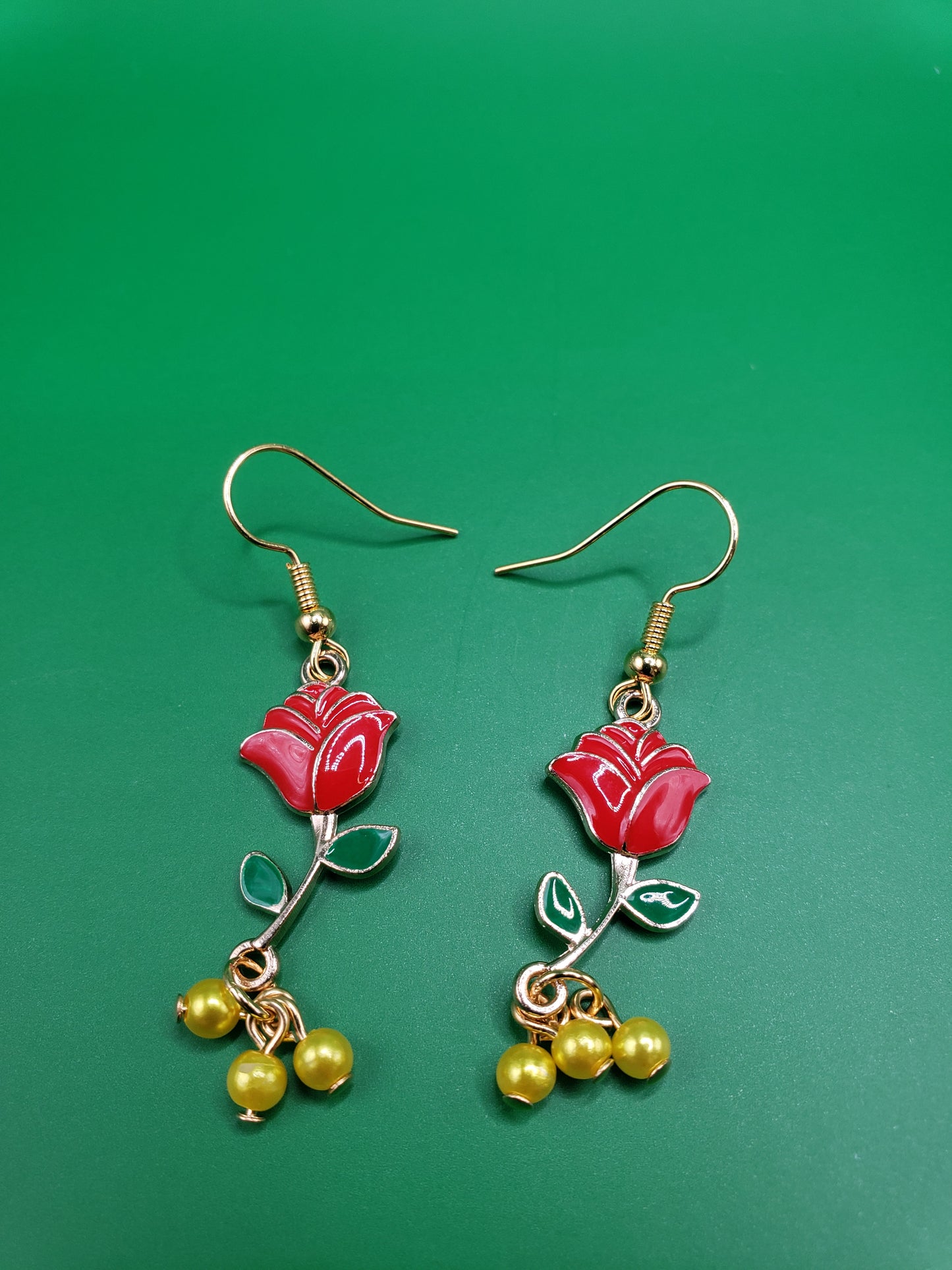 BellaRose2 Enamel Red Rose Charm with Lemon Yellow "Pearl" Dangling Beads 1.25" Earrings