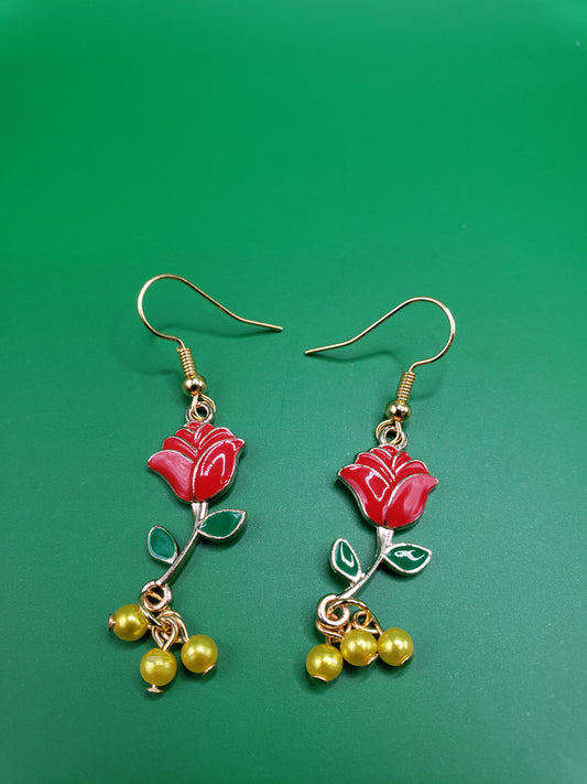 Belle 2 Enamel Red Rose Charm with Lemon Yellow "Pearl" Dangling Beads 1.25" Earrings
