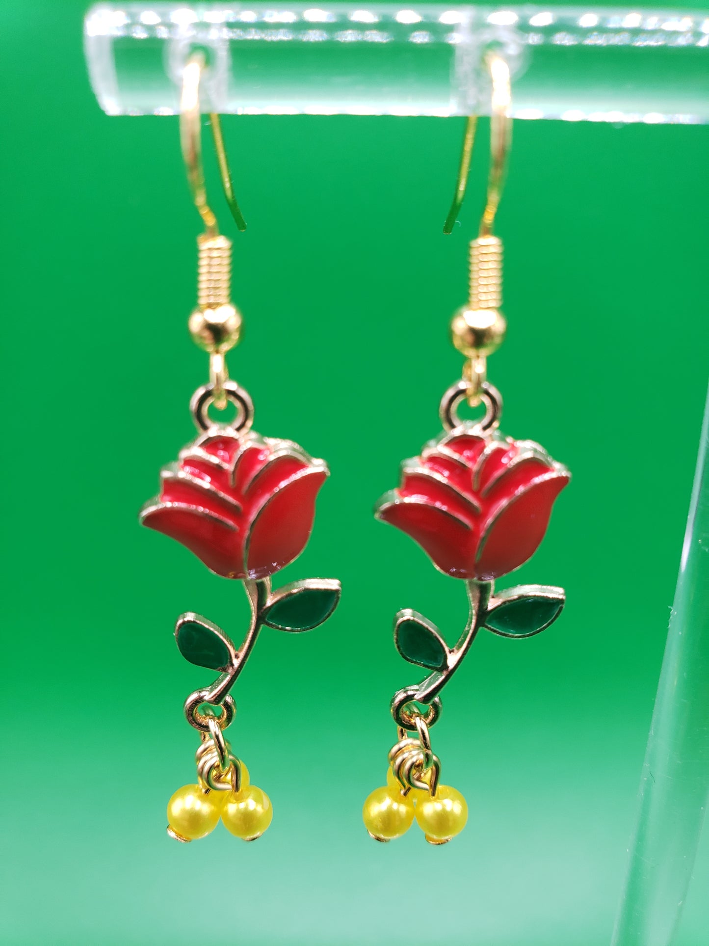 BellaRose2 Enamel Red Rose Charm with Lemon Yellow "Pearl" Dangling Beads 1.25" Earrings