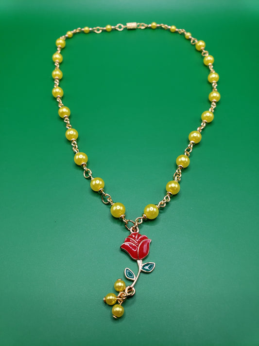 Belle 2 Lemon Yellow "Pearl" Beads w/ Enamel Red Rose Charm 16" Necklace