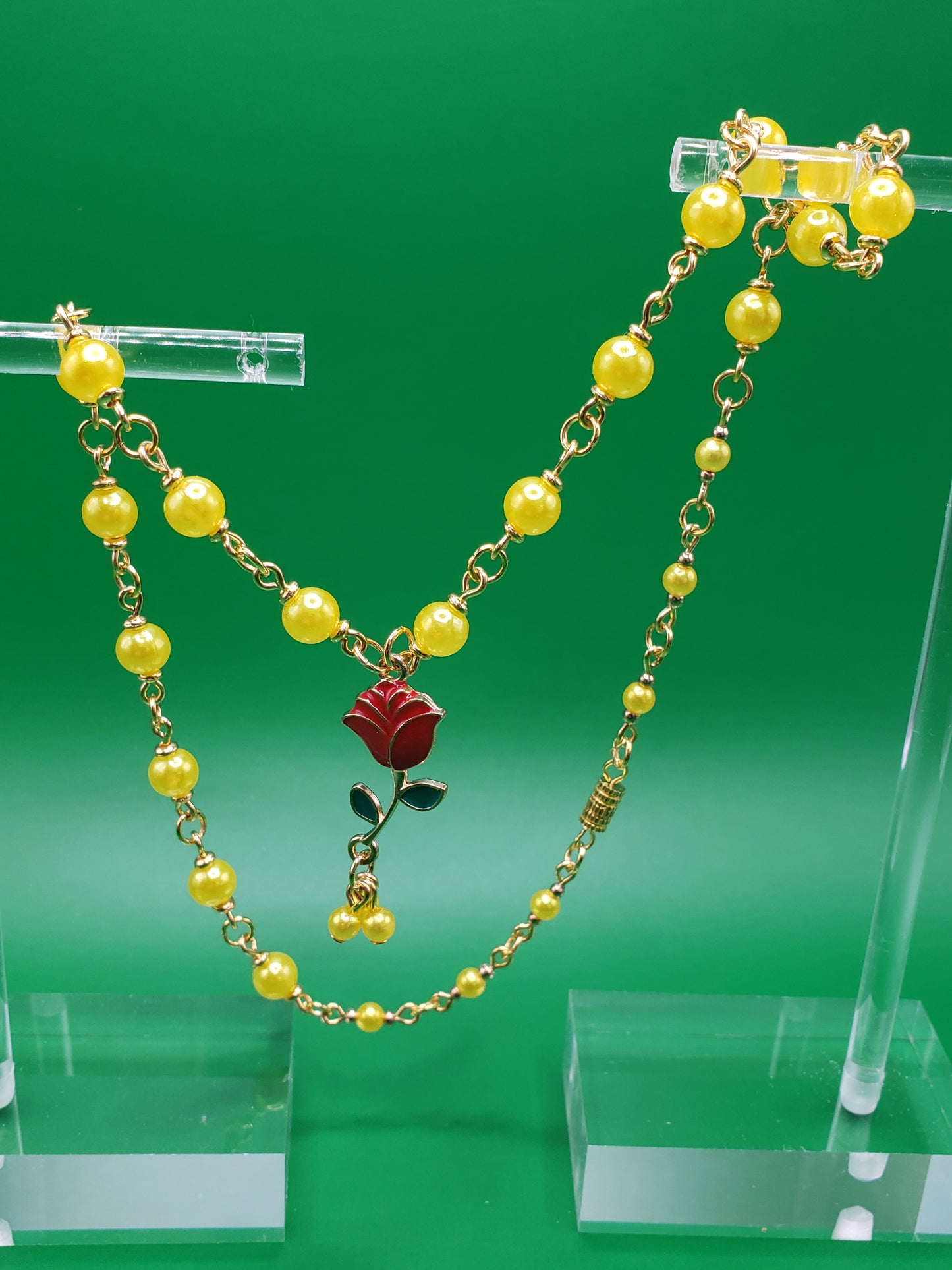 BellaRose2 Lemon Yellow "Pearl" Beads w/ Enamel Red Rose Charm 16" Necklace
