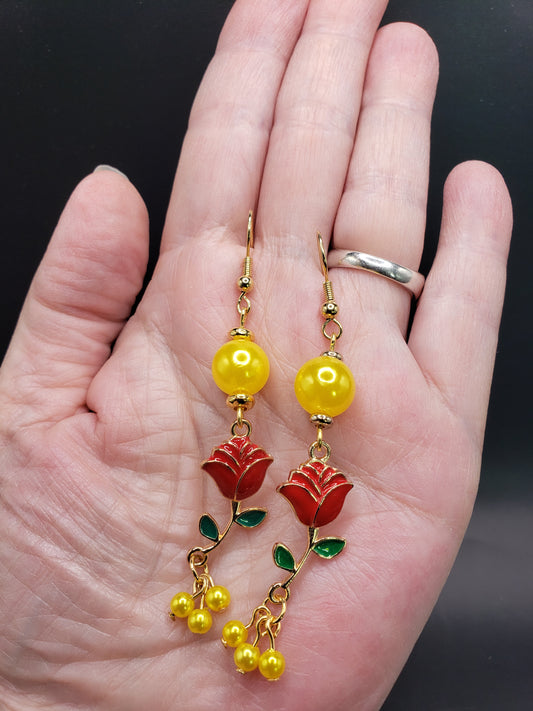 Belle 1 Lemon Yellow "Pearl" 10 mm Beads w/ Enamel Red Rose Charm 2" Earrings