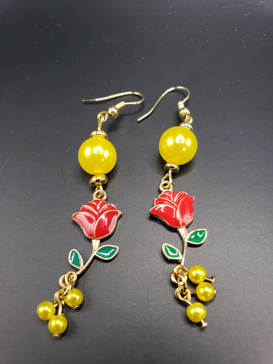 Belle 1 Lemon Yellow "Pearl" 10 mm Beads w/ Enamel Red Rose Charm 2" Earrings