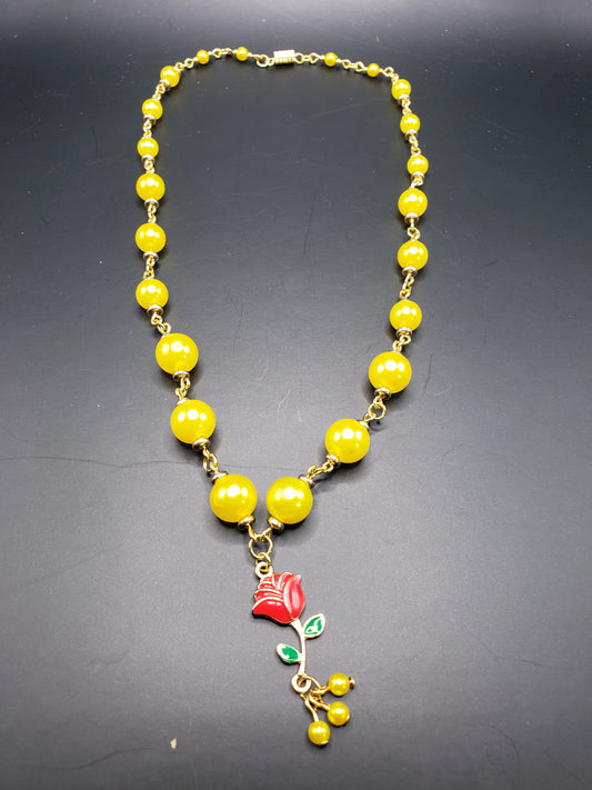 Belle 1 Lemon Yellow "Pearl" Beads w/ Enamel Red Rose Charm 16.75" Necklace