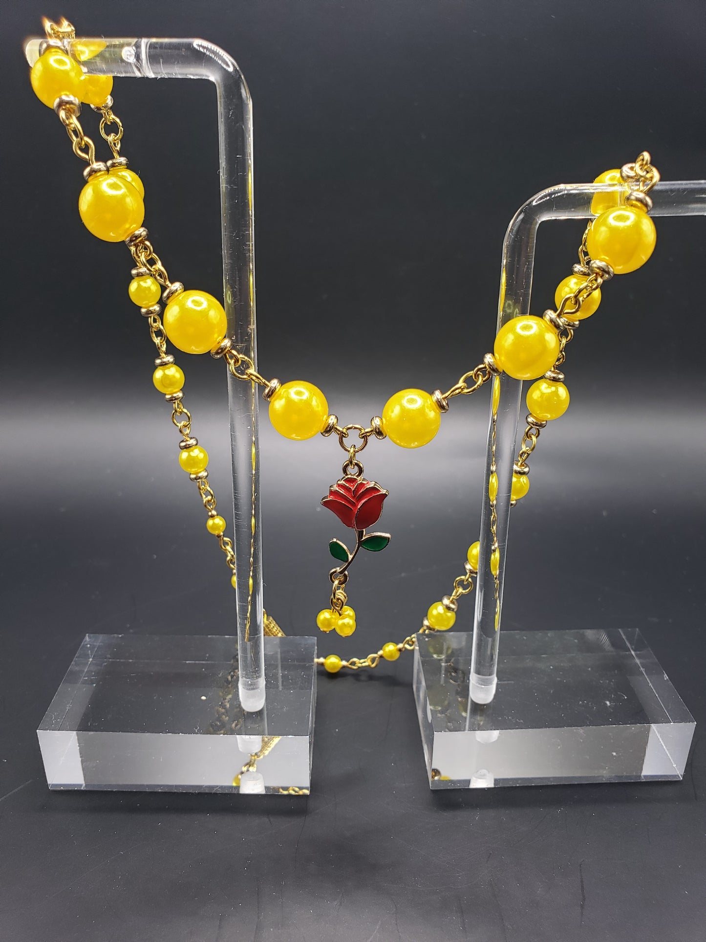 BellaRose1 Lemon Yellow "Pearl" Beads w/ Enamel Red Rose Charm 16.75" Necklace