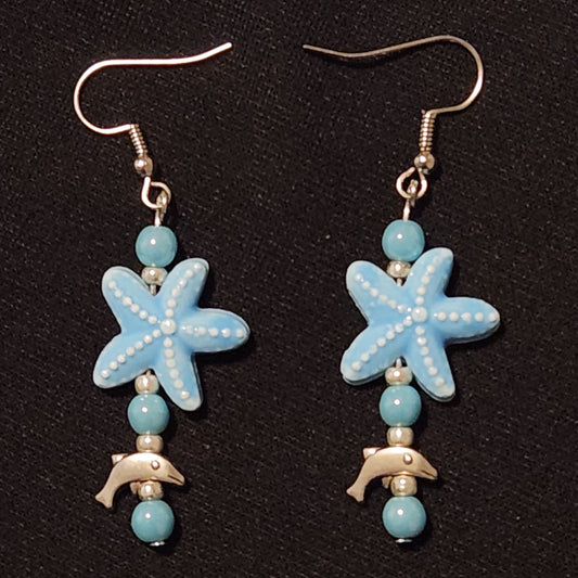 Baby Blue Starfish And Dolphin Drop Earrings