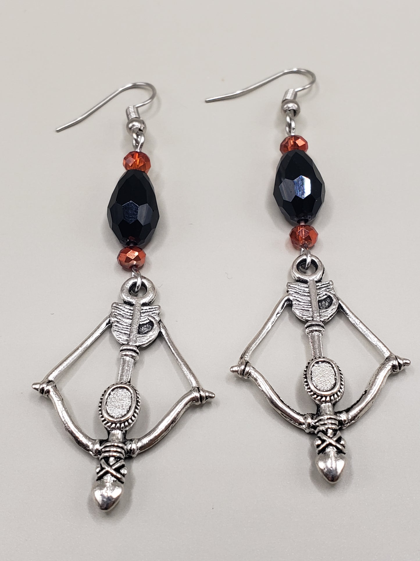 GirlOnFire1 Faceted Black and AB Fire Beads w/ Bow & Arrow Drop Charm Earrings 2.5" x 1"