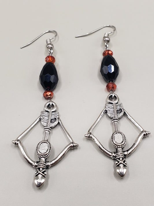 Girl On Fire 1 Faceted Black and AB Fire Beads w/ Bow & Arrow Drop Charm Earrings 2.5" x 1"