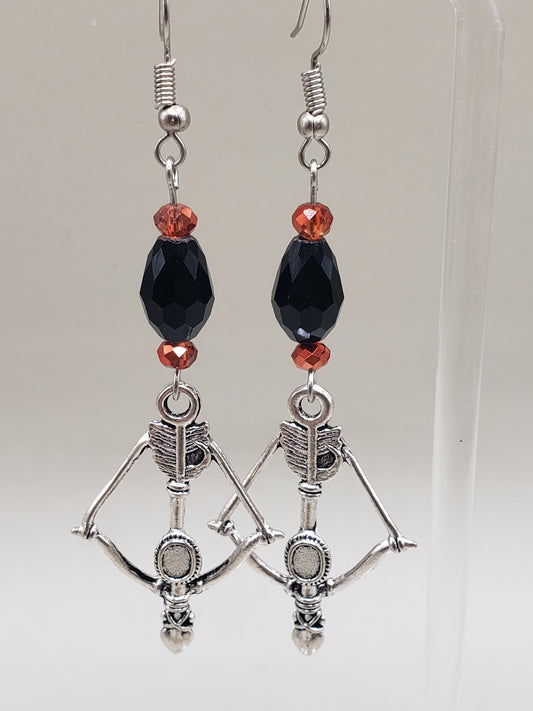 Girl On Fire 1 Faceted Black and AB Fire Beads w/ Bow & Arrow Drop Charm Earrings 2.5" x 1"