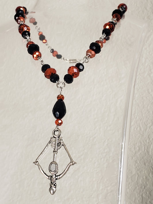 GirlOnFireA16" Necklace w/ Silver Colored Metal, Black and OrangeRed AB Fire Beads w/ Bow & Arrow Drop Charm 16" Necklace A