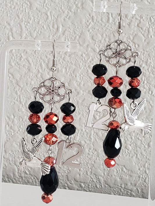 GirlOnFireB Faceted Black and AB Fire Beads w/ MockingBird Charm and "12" Charm Earrings 2.5" x 1.5"
