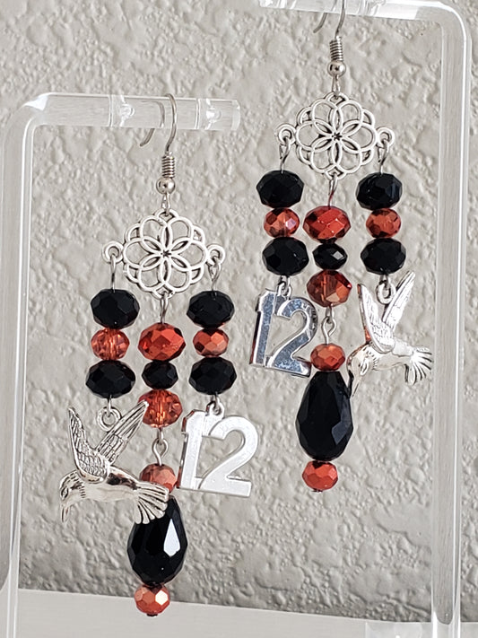 GirlOnFireB Faceted Black and AB Fire Beads w/ MockingBird Charm and "12" Charm Earrings 2.5" x 1.5"