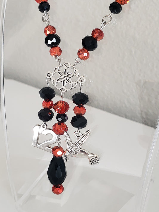 GirlOnFireB Black and AB Fire Beads w/ Mockingbird Charm and "12" Charm 16" Necklace B