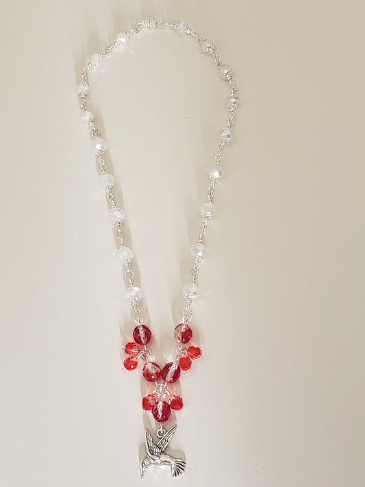 GirlOnFireC White AB Glass, Red&Clear "Fire" Faceted Glass Beads w/ Mockingbird Charm 16" Necklace