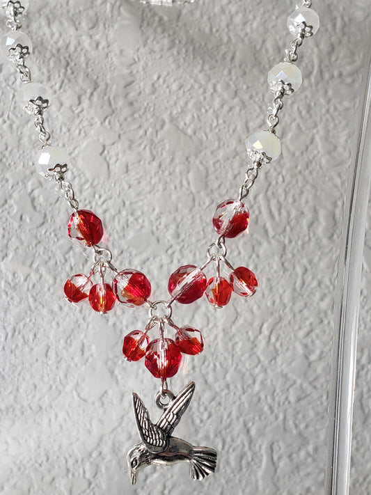 GirlOnFireC White AB Glass, Red&Clear "Fire" Faceted Glass Beads w/ Mockingbird Charm 16" Necklace
