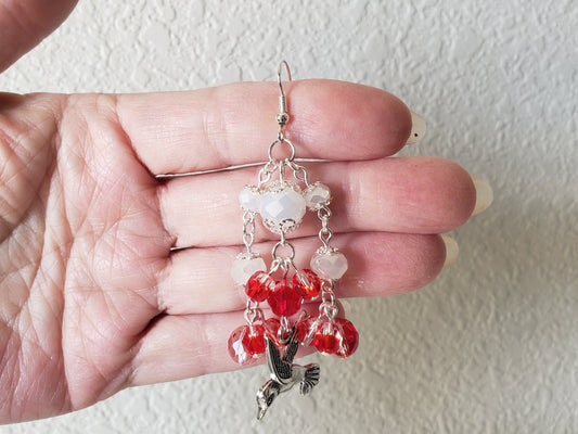 GirlOnFireD White AB Glass, Red&Clear "Fire" Faceted Glass Beads w/ Mockingbird Charm 2" Earrings D