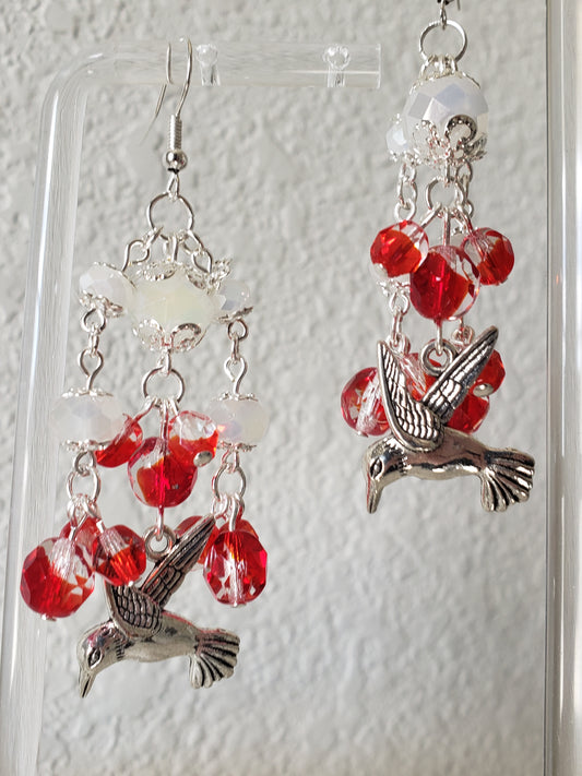 GirlOnFireD White AB Glass, Red&Clear "Fire" Faceted Glass Beads w/ Mockingbird Charm 2" Earrings D