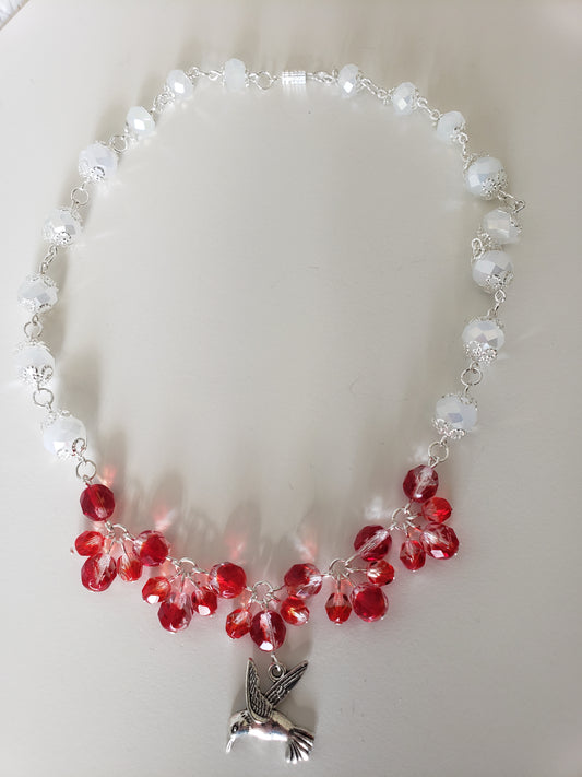 GirlOnFireD White AB Glass, Red&Clear "Fire" Faceted Glass Beads w/ Mockingbird Charm 16.25" Necklace D