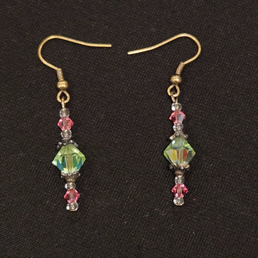 Peridot AB and Pink Bicone Drop Earrings