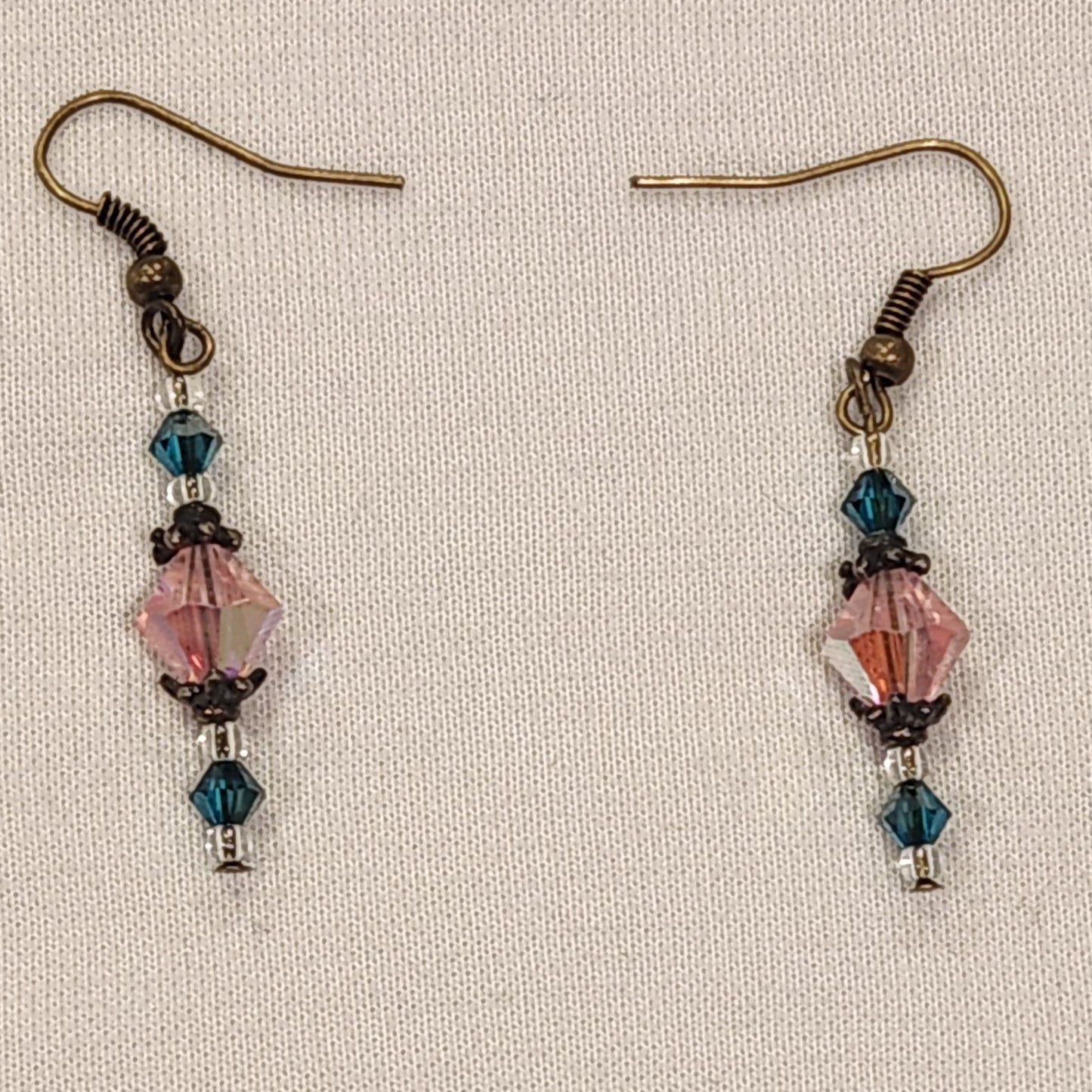 Pink AB and Emerald Bicone Drop Earrings