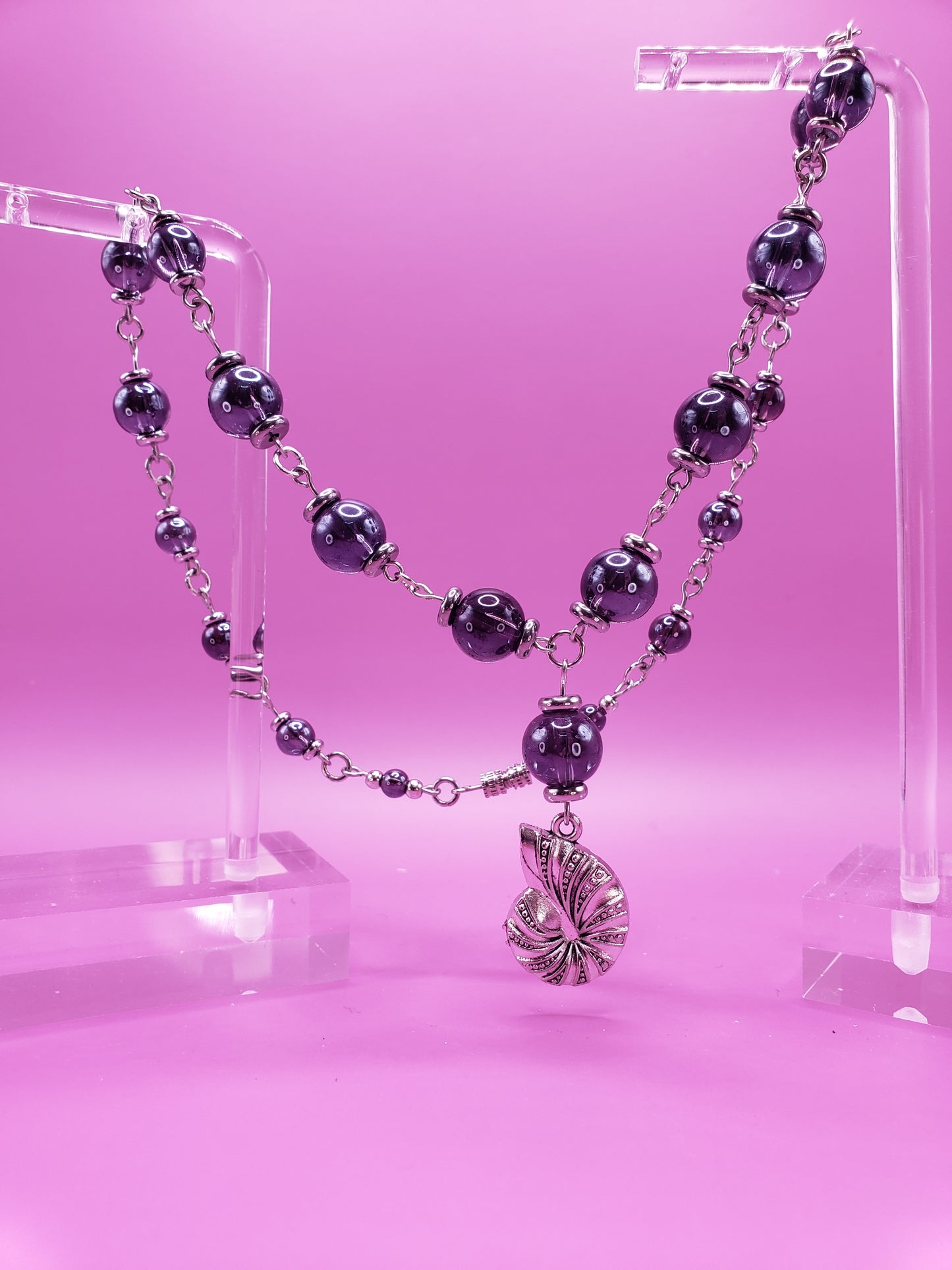 SeaWitch1 Smoky Purple w/ Ammonite Shell 16" Necklace