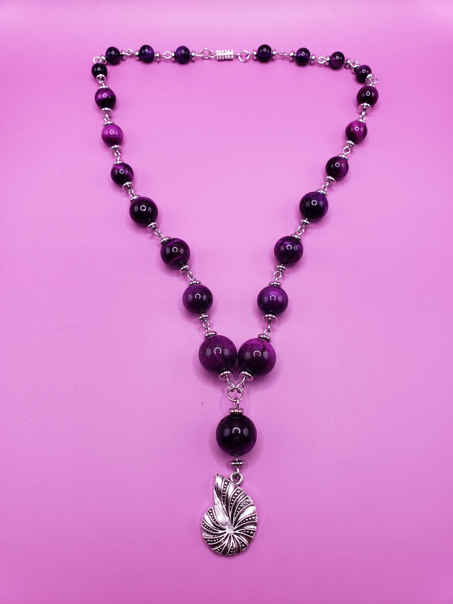 SeaWitch2 Purple and Black Tiger's Eye w/ Ammonite Shell 16" Necklace