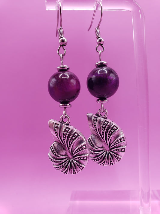 Ursula 2 Purple and Black Tiger's Eye w/ Nautilus Shell Charm 1.75" Drop Earrings
