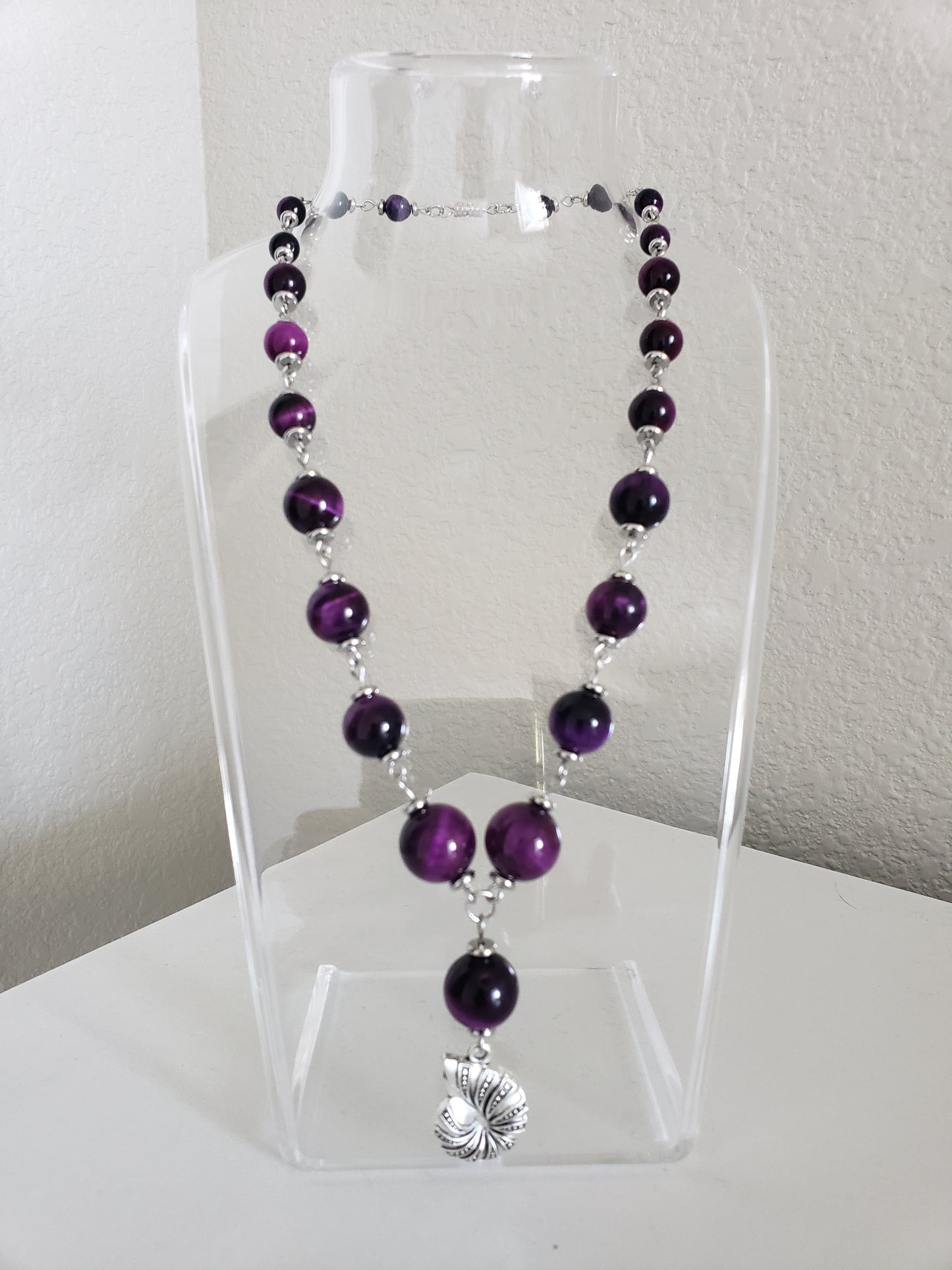 SeaWitch2 Purple and Black Tiger's Eye w/ Ammonite Shell 16" Necklace