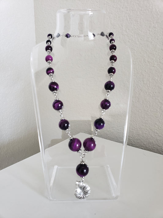 Ursula 2 Purple and Black Tiger's Eye w/ Nautilus Shell 16" Necklace