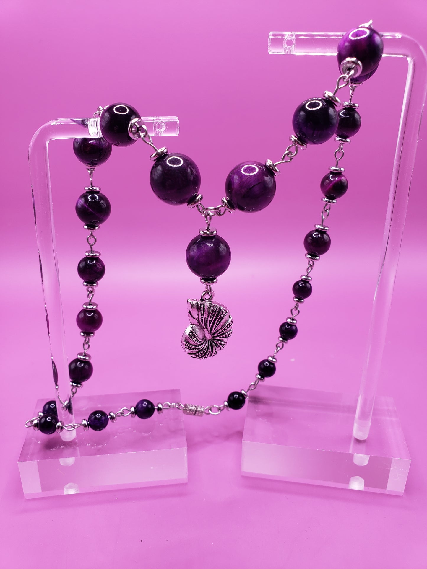 SeaWitch2 Purple and Black Tiger's Eye w/ Ammonite Shell 16" Necklace