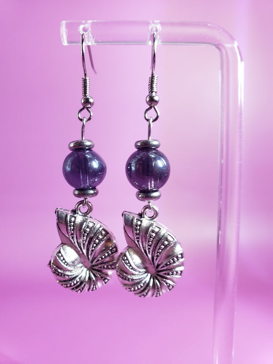 Ursula 1 Smoky Purple w/ Nautilus Shell Charm 2" Drop Earrings